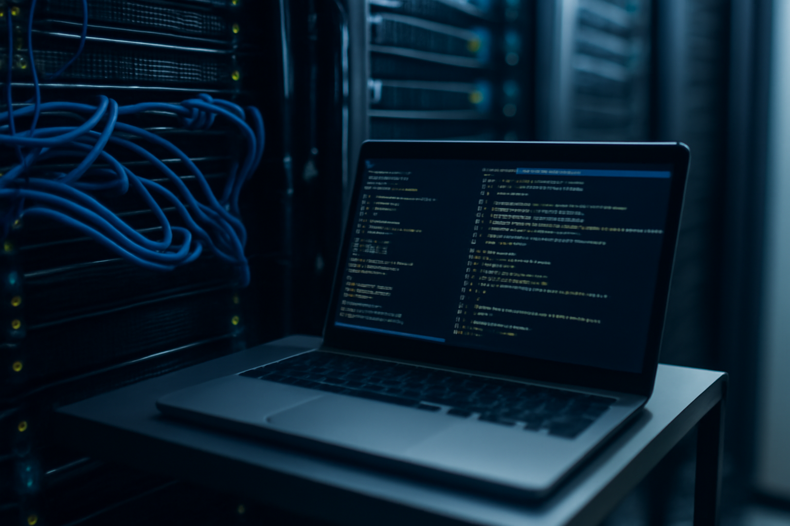 Laptop di samping rak server menampilkan log deployment aplikasi Java ke Tomcat