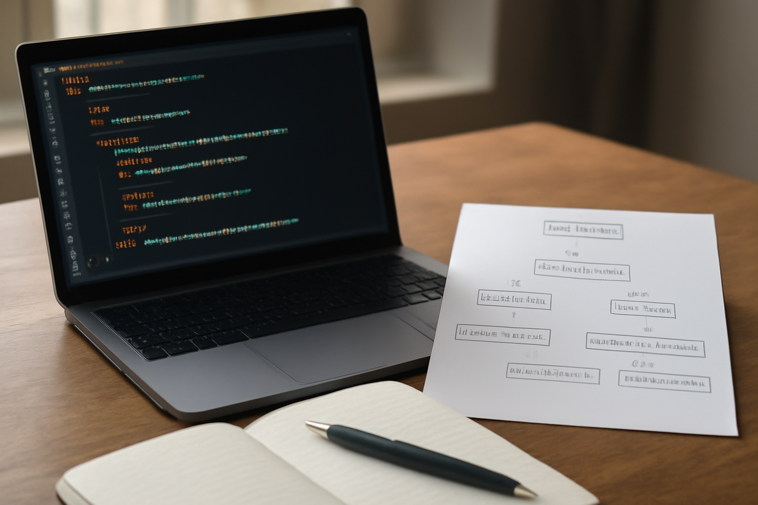 Meja kerja pengembang Java dengan kode penanganan exception dan diagram hierarki Throwable di atas meja