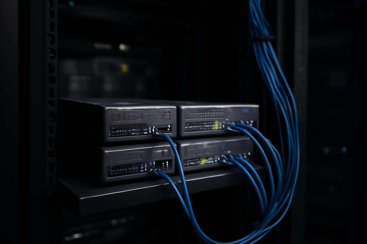 Rak server dengan tiga perangkat jaringan untuk aplikasi intranet Java