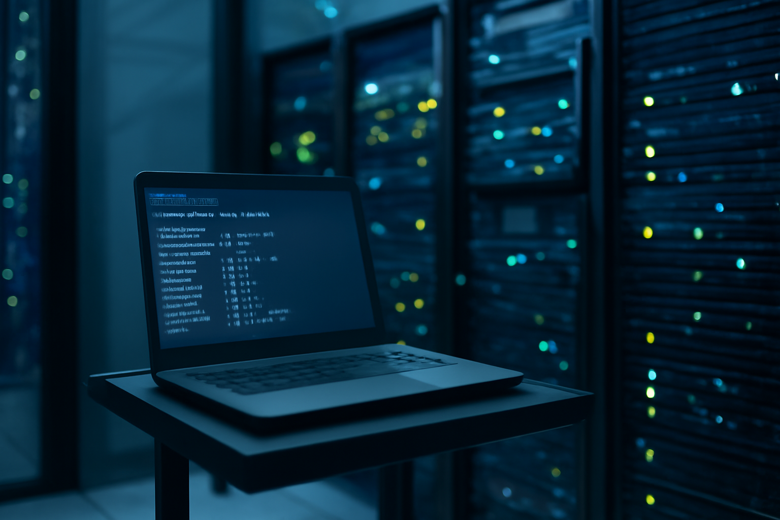 Server room dengan laptop menampilkan metrik thread pool Java