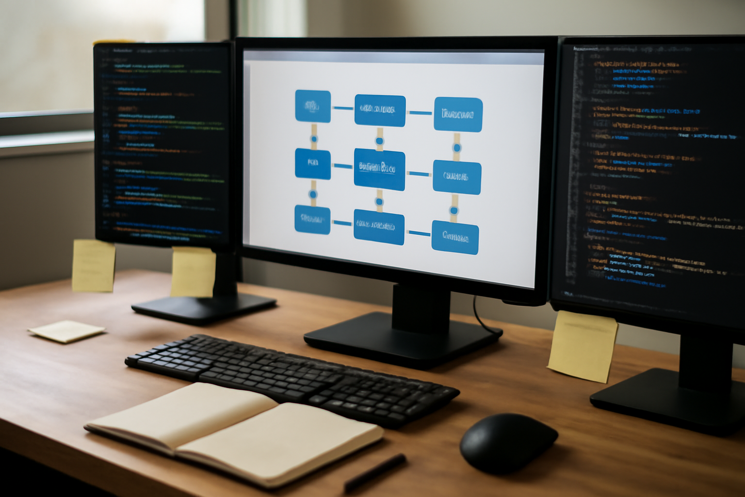 Meja kerja arsitek perangkat lunak dengan diagram API dan kode di layar monitor