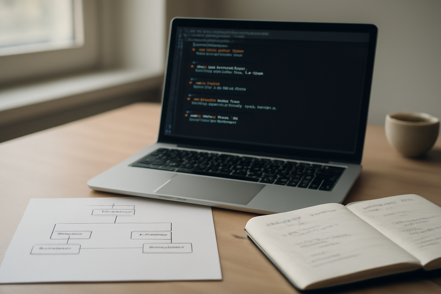 Meja kerja developer dengan laptop berisi kode Java dan diagram kelas tercetak