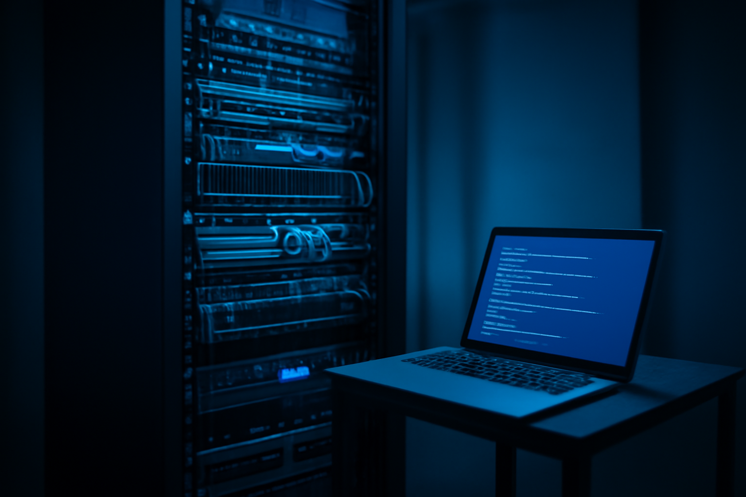 Rak server dan laptop dengan kode program sebagai ilustrasi strategi caching aplikasi Java